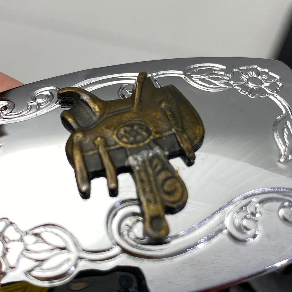 Justin Western Floral Tooled Leather Belt Kids Size 24 Black Cowboy Buckle vtg